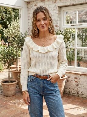 Anthropologie Cream Ruffle Knit Sweater NWOT. Size Medium